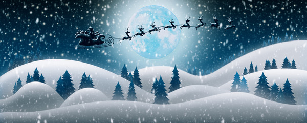 Obraz na płótnie Canvas Santa Claus Rides Reindeer Sleigh in Christmas Night Over The Snow Fields With Full Moon and Starry Sky In Background 3D Render