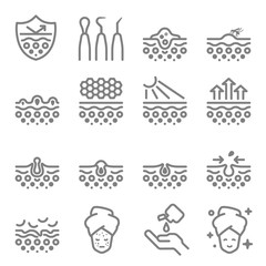 Skin Care Vector Line Icons. Contains such Icons as Acne, Dry Skin, Treatment, Pimple, Equipment and more. Expanded Stroke.