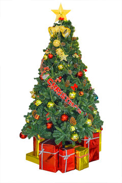 Christmas Decorated tree red gifts isolated.