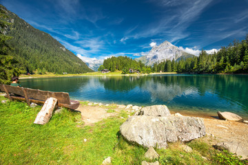 Arnisee with Swiss Alps. Arnisee is a reservoir in the Canton of Uri, Switzerland, Europe