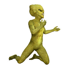 3D Rendering Green Alien on White