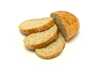 grain bread for healthy eating, sliced in pieces on a white background