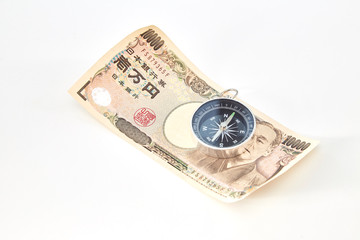 Closeup of Japanese yen notes coin