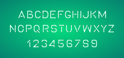 Bright Neon Alphabet Letters, Numbers. Isolated on Green background