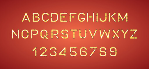 Bright Neon Alphabet Letters, Numbers. Isolated on Red background
