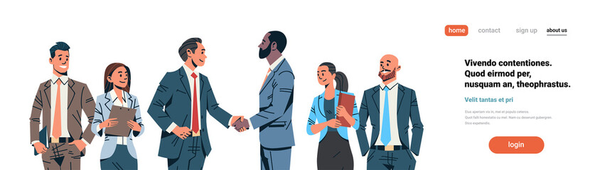 businessmen handshake agreement concept mix race business men team leader international partnership communication cartoon character isolated flat portrait horizontal copy space