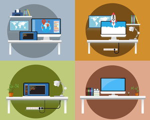 Workspace computer and desk for working flat design vector. 