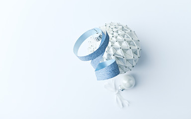 Two white Christmas balls on white background. Flatlay. Copy space