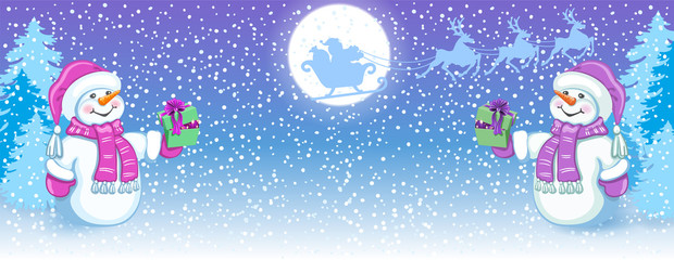 hristmas card with two funny Snowman in Santa cap with gift box against winter forest background and Santa Claus in sleigh with reindeer team flying in the sky