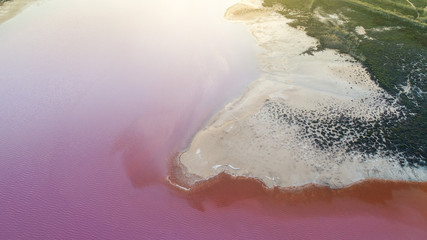 Rose salted laguna with coast of sand areal top view drone photography 