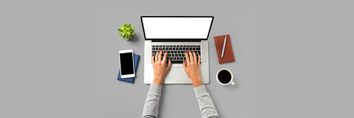 Woman working on laptop. Close up