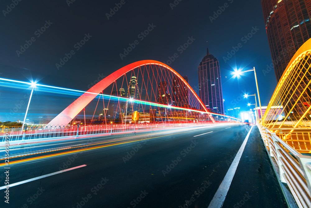 Poster abstract image of blur motion of cars on the city road at night，modern urban architecture in tianjin