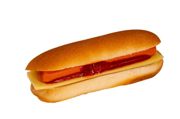 Hot dog with ketchup and cheese on white