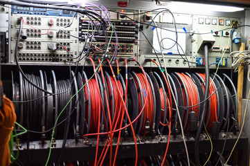 Cables and control panel of a television broadcast truck