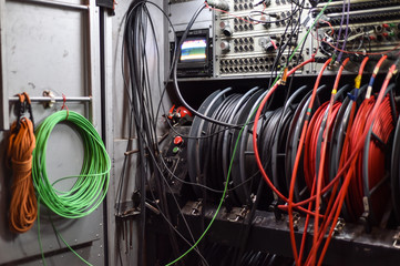 Cables and control panel of a television broadcast truck
