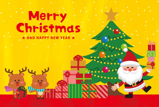 クリスマス素材。クリスマスカード。プレゼントを持ったサンタクロース。ベクター素材