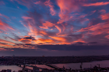 Amazing clouds and city landscape from Galata Tower at sunset, Istanbul, Turkey.
