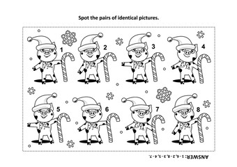 Puzzle and coloring page with little pigs: Spot the pairs of identical images. Answer included.