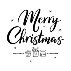 Merry Christmas greeting card. Handwritten modern brush lettering with hand drawn christmas gift boxes in ethnic style. Lettering celebration logo, poster, greeting card. Holiday calligraphy. Vector.