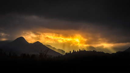 Catbells fiery sky sunset, Cumbria, England