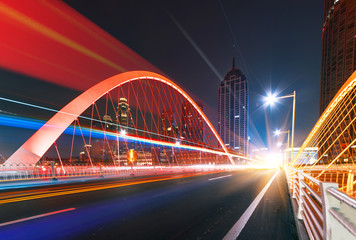 abstract image of blur motion of cars on the city road at night，Modern urban architecture in tianjin, China