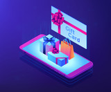 Gift card with ribbon and smartphone with shopping bag and boxes. Digital gift card, mobile store app, digital gift certificate concept. Ultraviolet neon vector isometric 3D illustration.