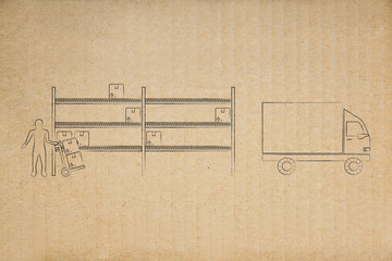 semi-empty warehouse shelves with employee picking up orders and delivery truck