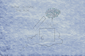 think outside the box thought bubble with open parcel and circuit brain breaking free from it