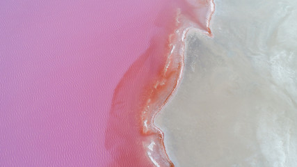 Rose salted laguna with coast of sand areal top view drone photography 