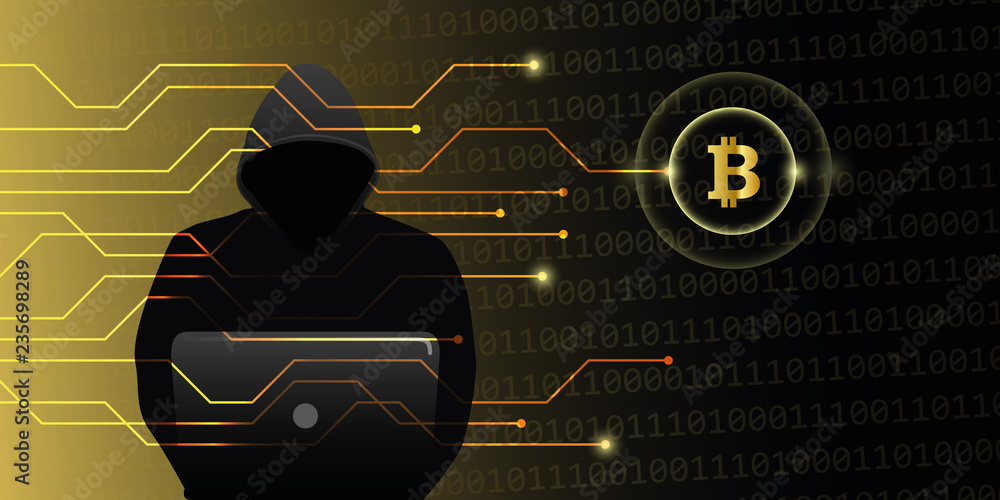 Poster hacker attack on bitcoins crypto currency web cyber crime vector illustration eps10