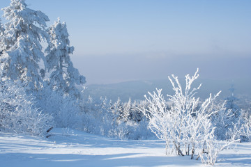 Winter landscape with snowy trees and good panoramic view from the mountain summit Feldberg in Taunus, Germany.