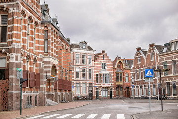 Typical street of the Dutch buildings. Local architecture in Groningen, The Netherlands. 