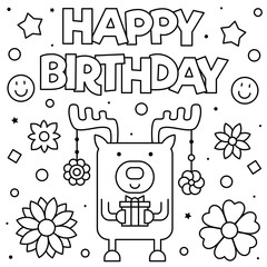 Happy Birthday. Coloring page. Vector illustration of deer.