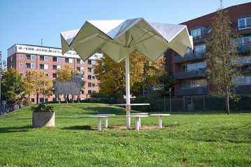 Copenhagen, Denmark - October 11, 2018 : View of Superkilen park, Armenian picnic table
