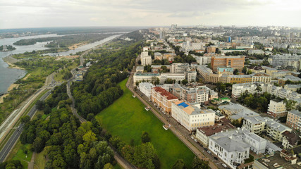 Aerial Drone shot over Minin and Pozharsky Square in the center of Nizhny Novgorod, Russia
