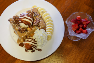 Honey toast or brick toast with vanilla ice-cream