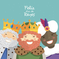 Three kings smiling with Spanish text. Wise men. Epiphany day