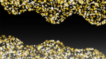 Gold Glitter Vector Texture on a Black. Golden Glow Pattern. Golden Christmas and New Year Snow. Golden Explosion of Confetti. Star Dust. Abstract Flicker Background with a Party Lights Design. 