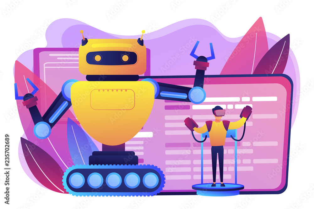 Poster engineer controlling big robot with remote technology