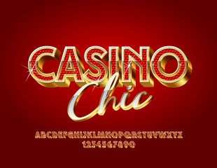 Vector Chic Casino emblem with Rich Font. Elegant Gold and Red Alphabet.