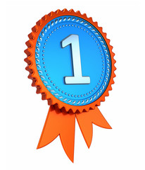 1st first place number one 1 medal orange blue award ribbon. achievement success, champion winner reward symbol concept. 3d rendering