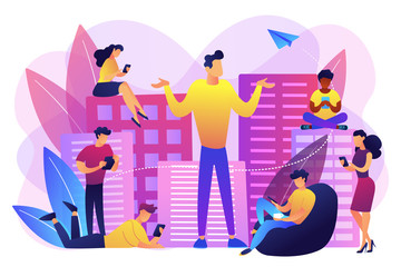 People in the city overusing mobile devices and a man feeling alone. Smartphone addiction, digital disorder, mobile device addiction concept. Bright vibrant violet vector isolated illustration