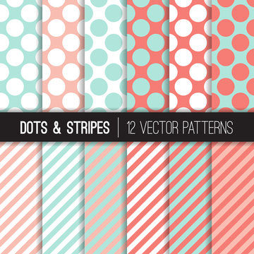 Pastel Mint and Coral Jumbo Polka Dot and Stripes Vector Patterns. Pastel Color Backgrounds for Wedding or Bridal or Baby Girl Shower Invites. Repeating Pattern Tile Swatches Included.