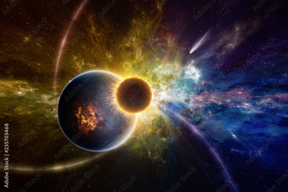 Wall mural supernatural extraterrestrial life form in deep outer space orbiting near exploding planet