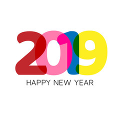 Happy new year 2019 creative text design with colorful numbers. Vector template for your design.