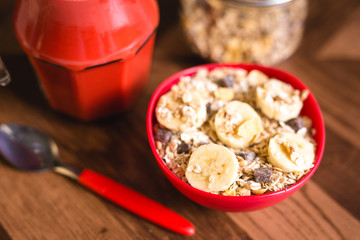 cereal with banana and natural juice. Healthy eating.