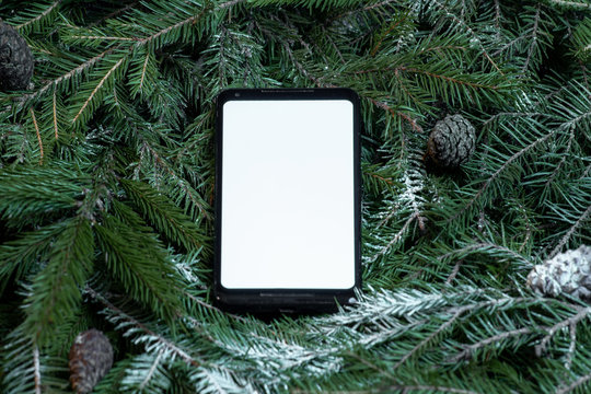 Mobile phone with blank screen on christmas tree branches with frost, new year decoration and celebration concept. - Powered by Adobe