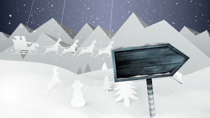 Santa in sleigh with reindeer flying and arrow sign over paper cut out landscape - Powered by Adobe