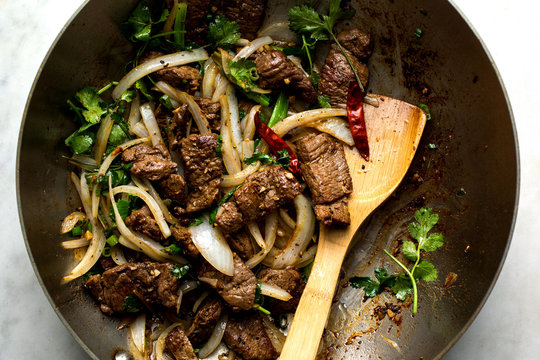 Overhead view of cumin lamb stir fry