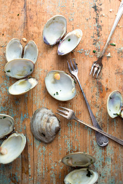 Close up of clam shell with fork on wooden table